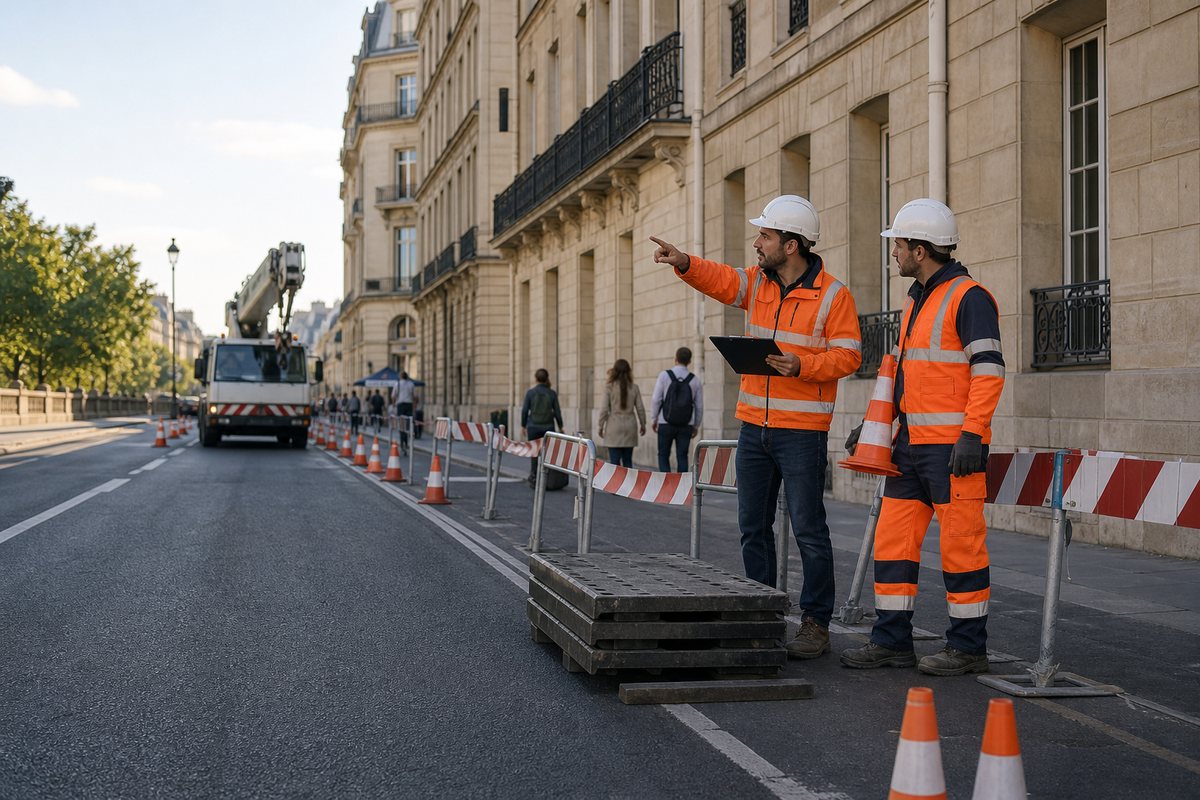 Responsable de chantier préparant une emprise de grue sur la voirie