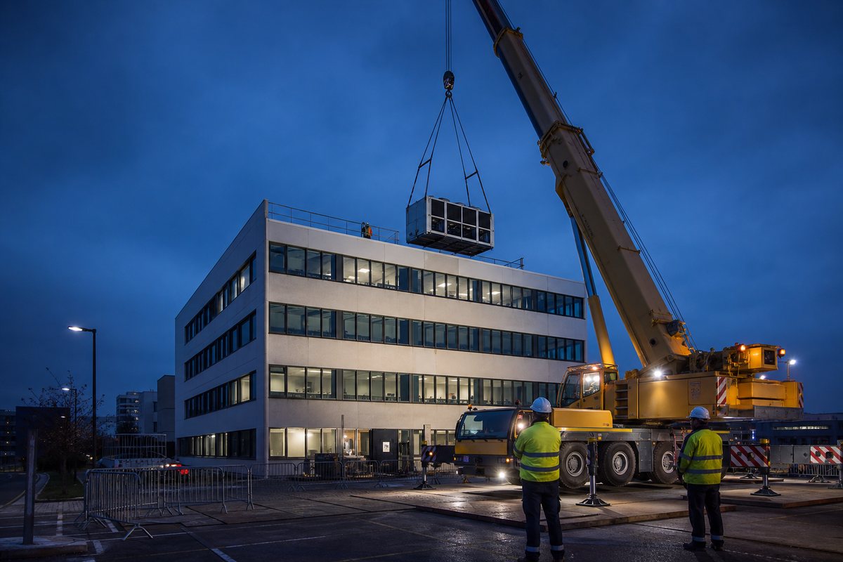 Grue mobile levant un groupe froid vers une toiture-terrasse de nuit