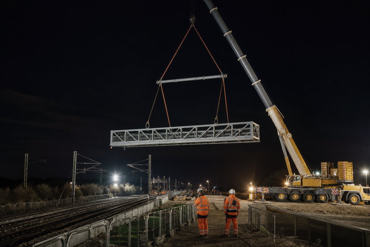 Grue mobile levant une passerelle piétonne au-dessus d’une voie ferrée