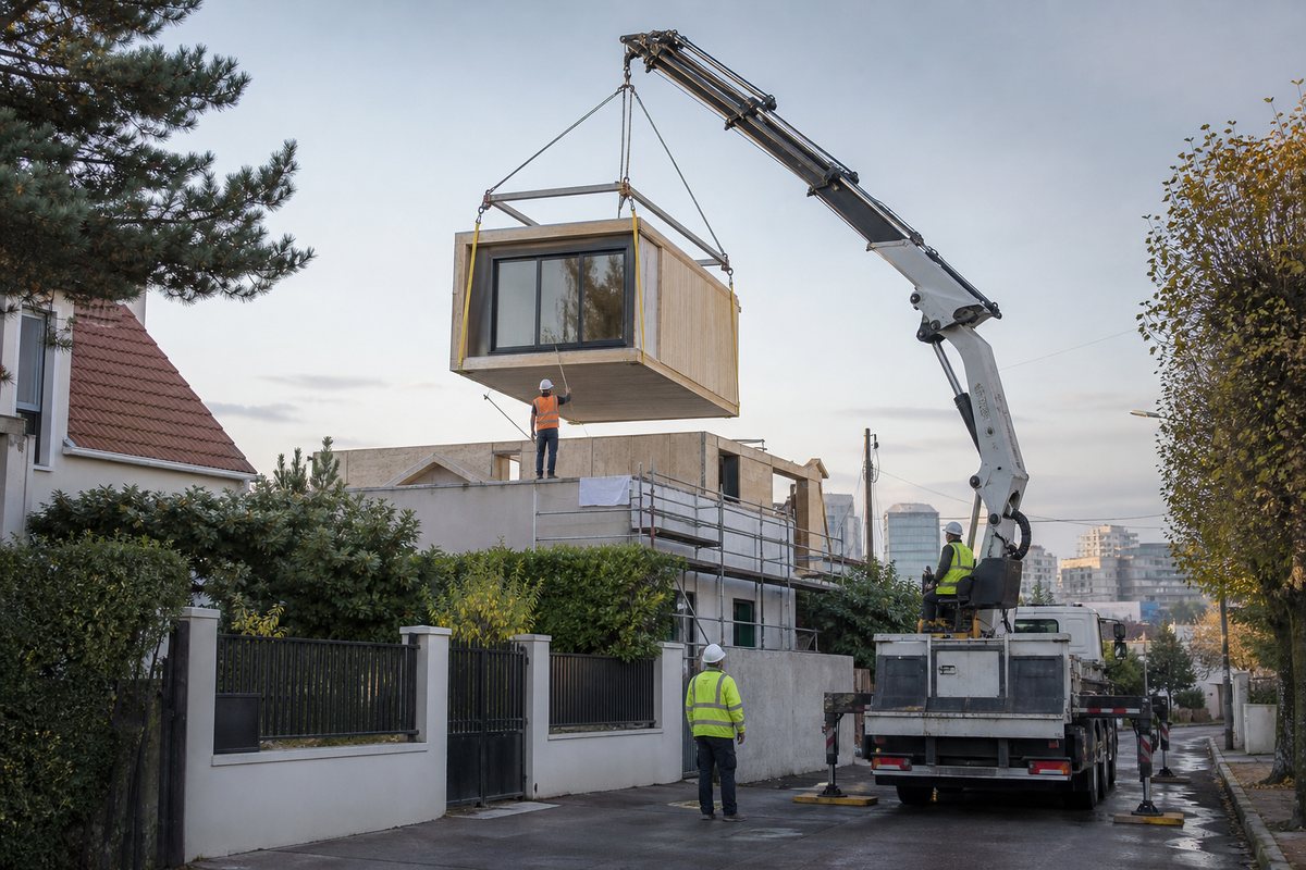 Mise en situation d’un camion-grue européen avec une équipe de levage pour surélévation de pavillon, dans un environnement inspiré de Antony