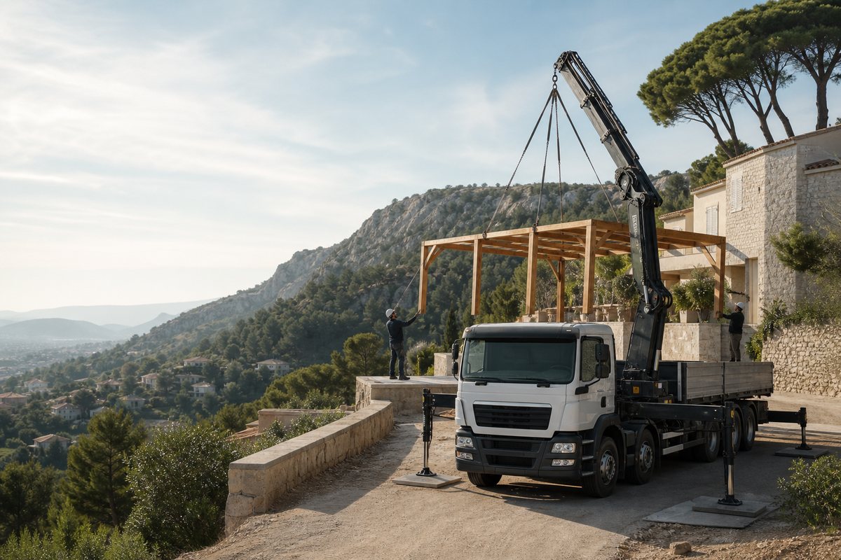Mise en situation d’un camion-grue européen avec une équipe de levage pour villa sur les hauteurs du garlaban, dans un environnement inspiré de Aubagne