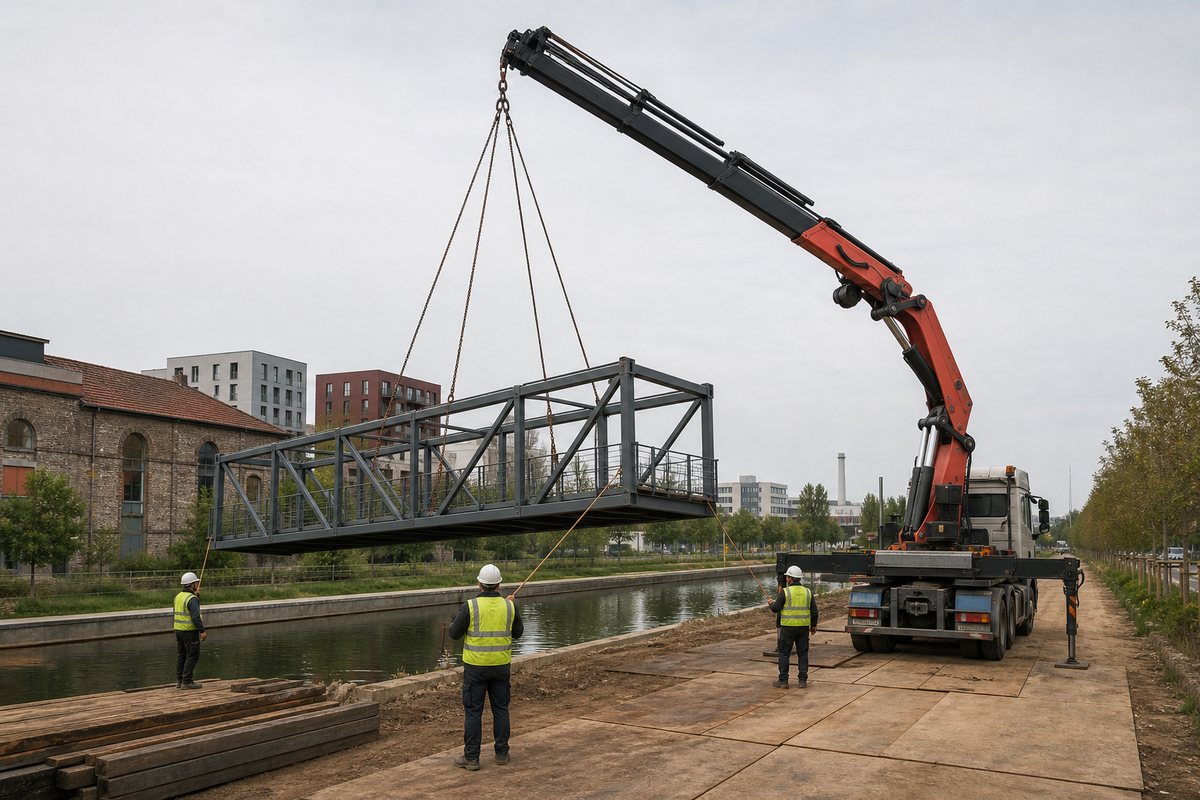 Mise en situation d’un camion-grue européen avec une équipe de levage pour livraison de palettes en toiture d'entrepôt, quartier du landy, dans un environnement inspiré de Aubervilliers