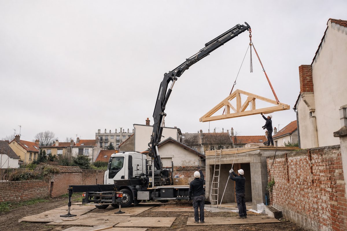 Mise en situation d’un camion-grue européen avec une équipe de levage pour pose de charpente sur extension pavillonnaire, quartier chanteloup, dans un environnement inspiré de Aulnay-sous-Bois