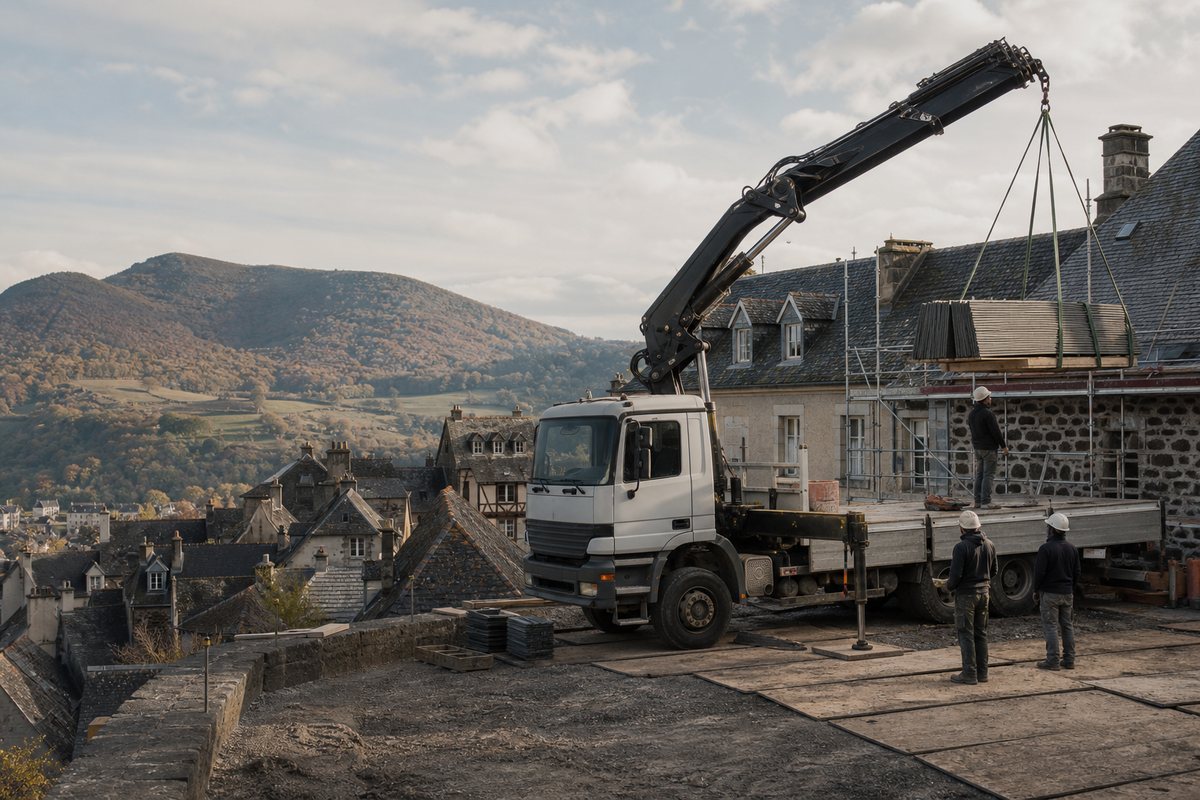 Mise en situation d’un camion-grue européen avec une équipe de levage pour charpente d'un pavillon, bassin d'aurillac, dans un environnement inspiré de Aurillac