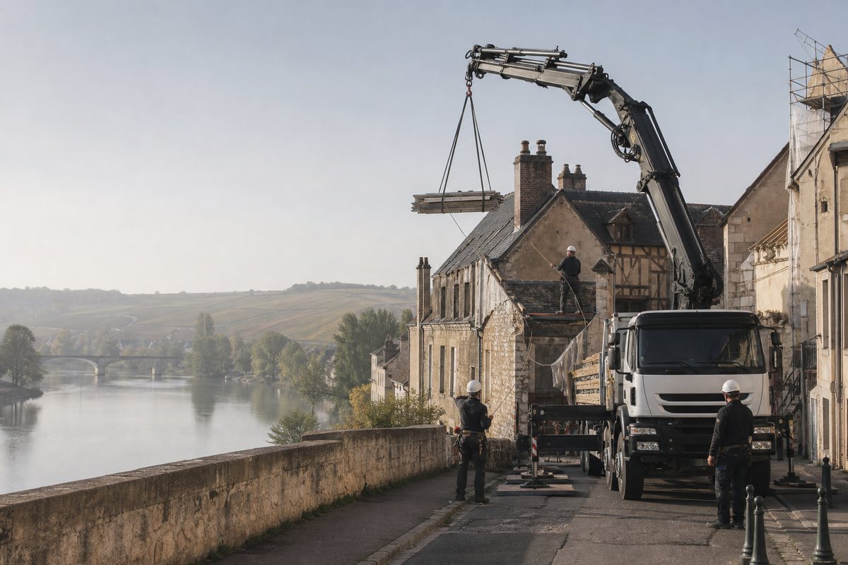 Mise en situation d’un camion-grue européen avec une équipe de levage pour pose de charpente aux rosoirs, dans un environnement inspiré de Auxerre
