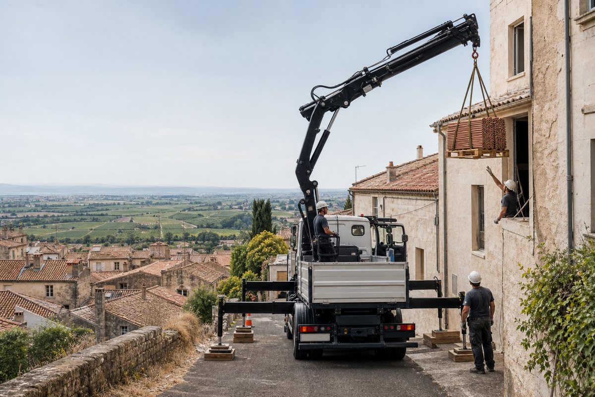 Mise en situation d’un camion-grue européen avec une équipe de levage pour réfection de couverture en tuiles, centre ancien sous la cathédrale, dans un environnement inspiré de Béziers