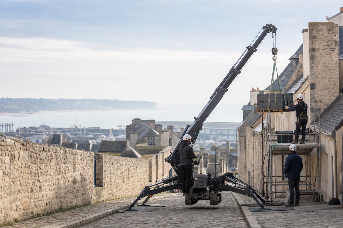 Mise en situation d’un mini-grue araignée avec une équipe de levage pour rénovation toiture maison des remparts, dans un environnement inspiré de Boulogne-sur-Mer