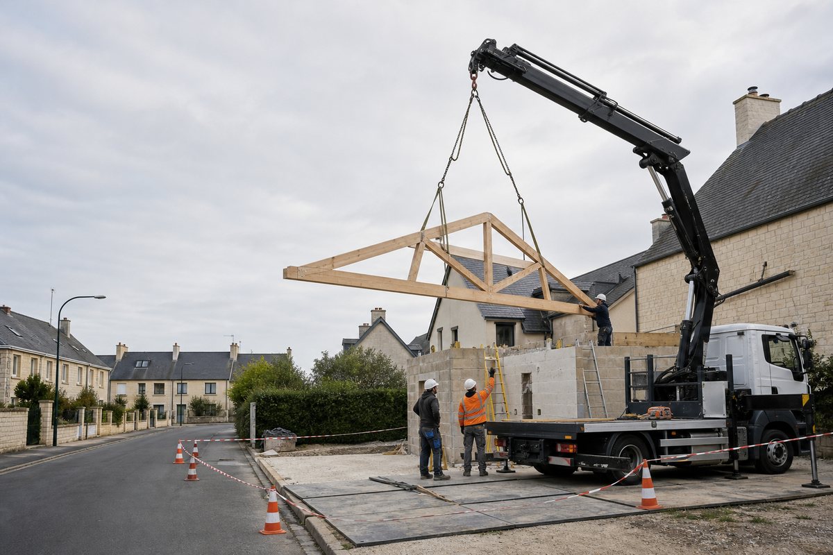 Mise en situation d’un camion-grue européen avec une équipe de levage pour pose de charpente sur pavillon à saint-contest, dans un environnement inspiré de Caen