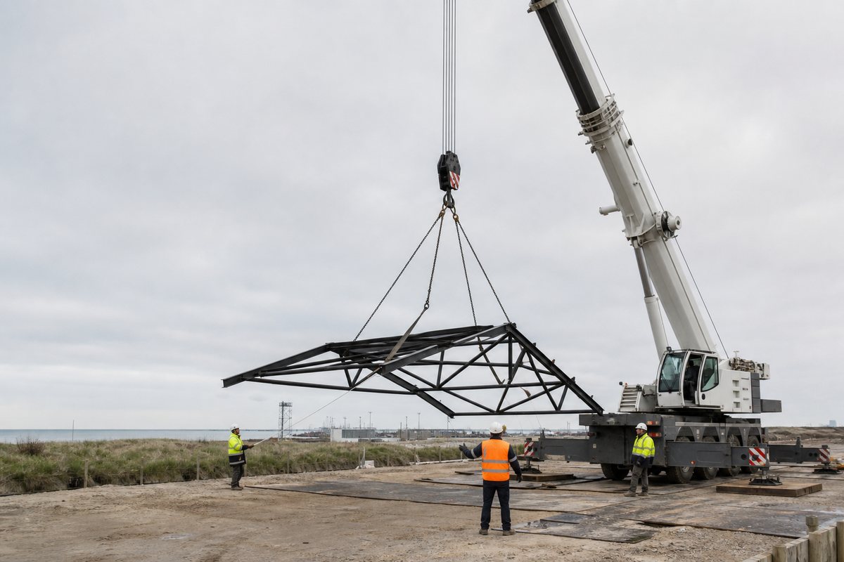Mise en situation d’un grue mobile automotrice avec une équipe de levage pour pose de charpente métallique en zone industrielle des dunes, dans un environnement inspiré de Calais