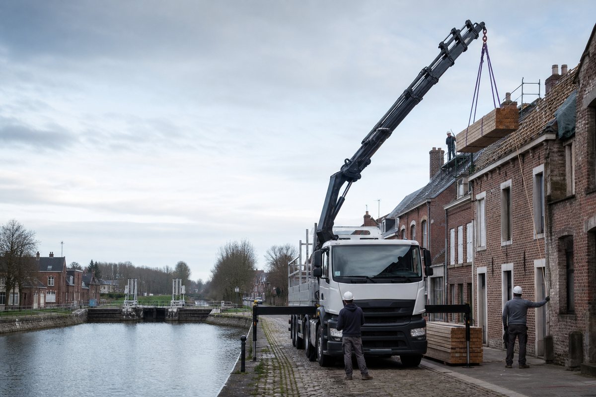 Mise en situation d’un camion-grue européen avec une équipe de levage pour rénovation toiture près de la cathédrale, dans un environnement inspiré de Cambrai