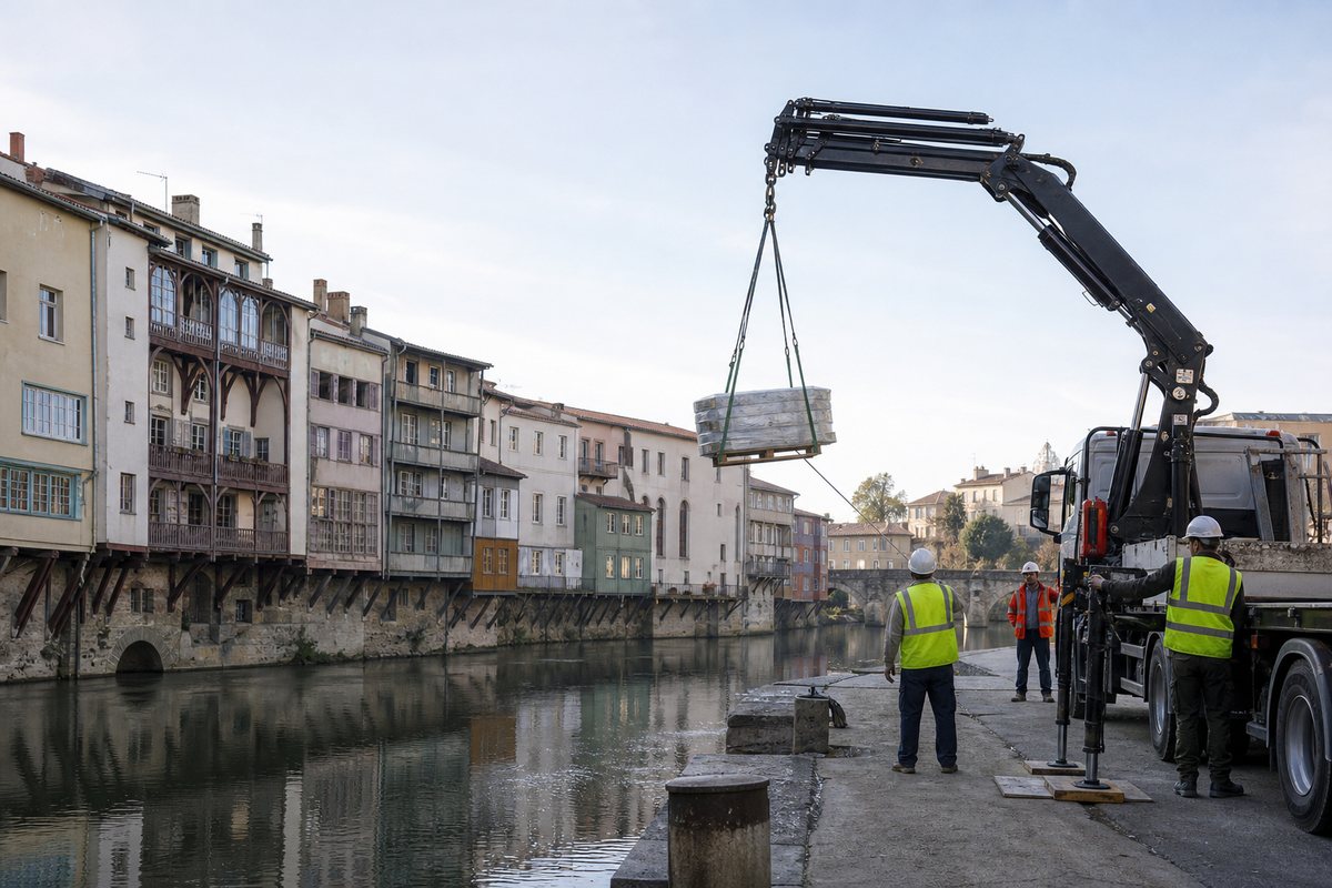 Mise en situation d’un camion-grue européen avec une équipe de levage pour rénovation de façade sur l'agout, dans un environnement inspiré de Castres