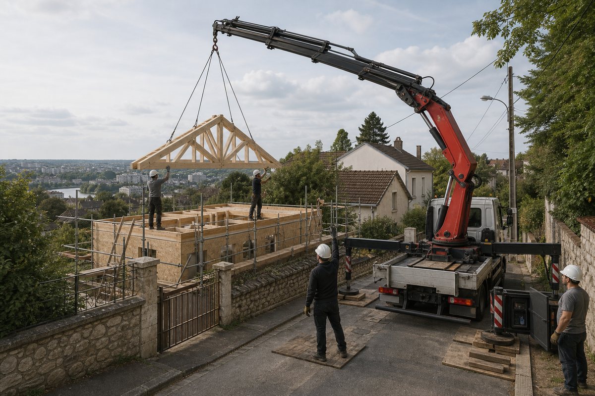 Mise en situation d’un camion-grue européen avec une équipe de levage pour pose de charpente sur surélévation pavillonnaire, quartier du plant, dans un environnement inspiré de Champigny-sur-Marne