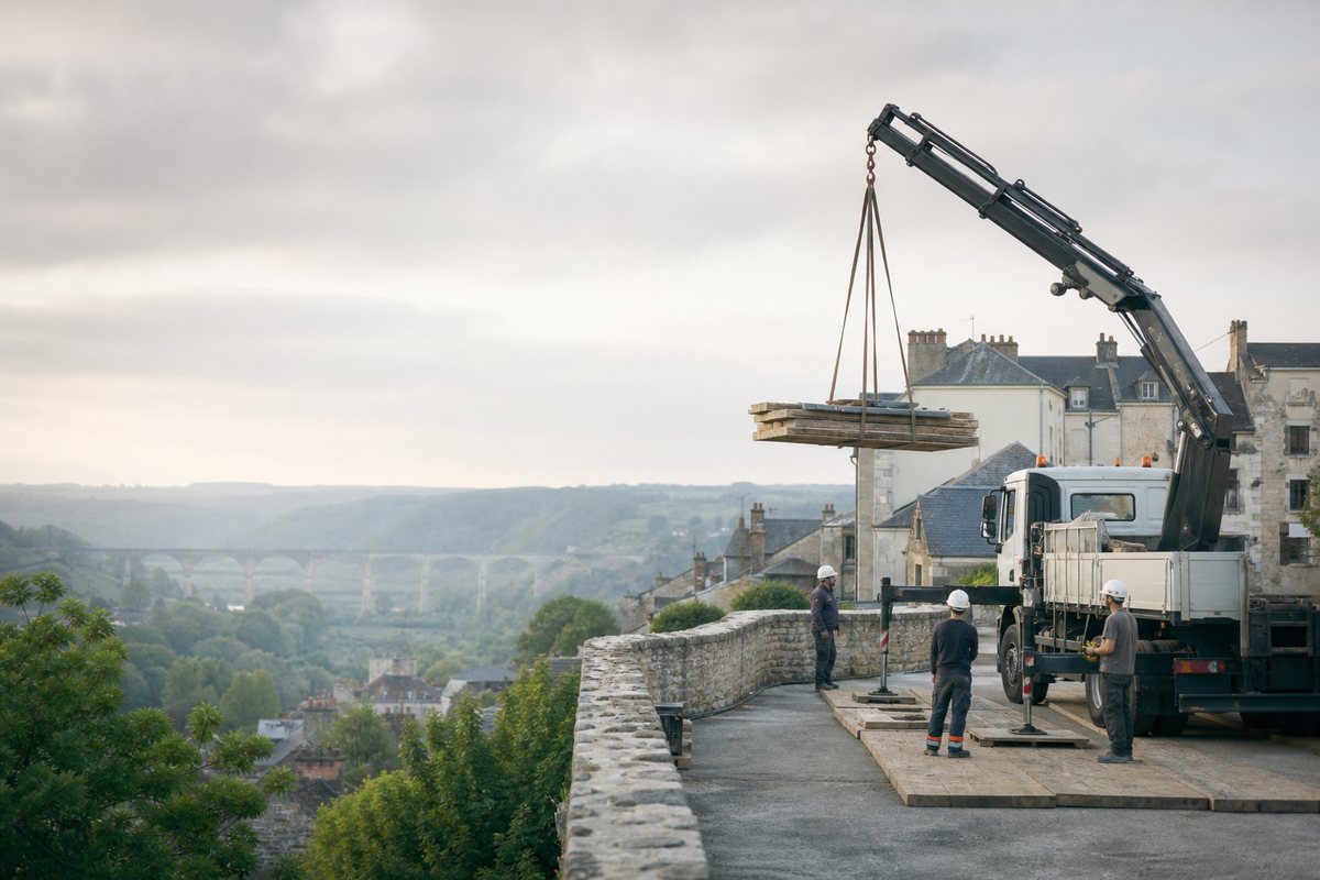 Mise en situation d’un camion-grue européen avec une équipe de levage pour charpente d'un pavillon, quartier de la rochotte, dans un environnement inspiré de Chaumont