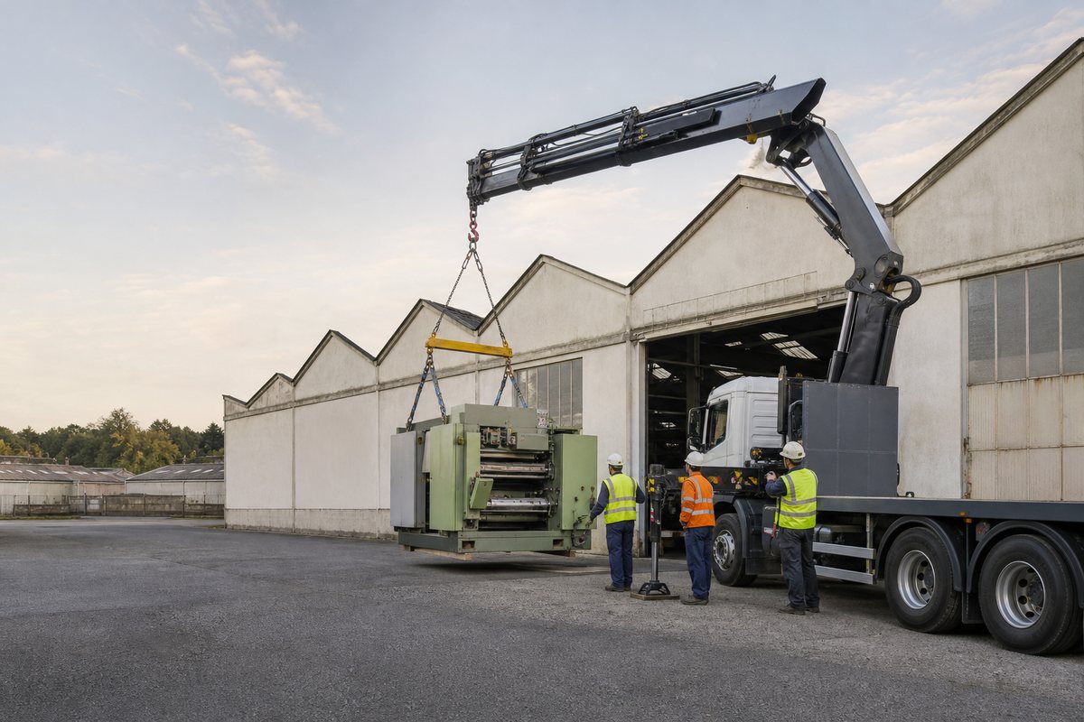 Mise en situation d’un camion-grue européen avec une équipe de levage pour remplacement de machine industrielle, dans un environnement inspiré de Cholet