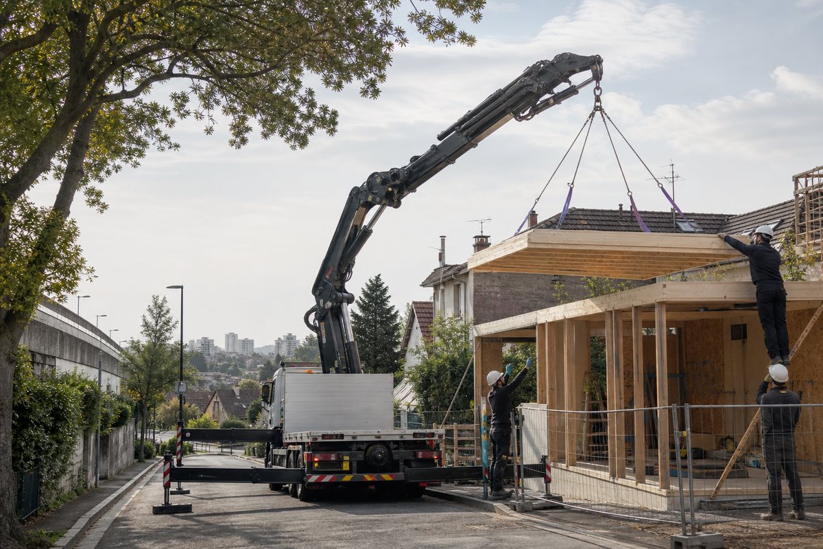 Mise en situation d’un camion-grue européen avec une équipe de levage pour surélévation de pavillon aux vallées, dans un environnement inspiré de Colombes