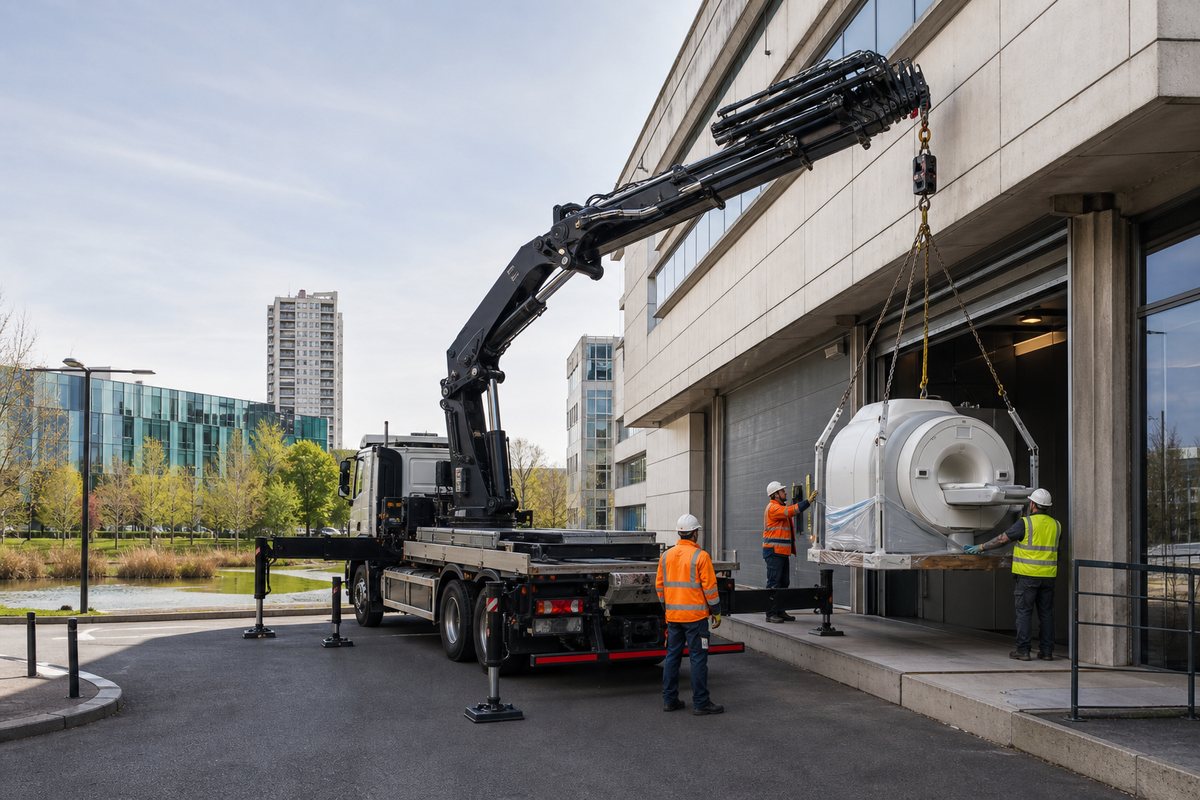 Mise en situation d’un camion-grue européen avec une équipe de levage pour réfection de façade sur les choux de créteil, dans un environnement inspiré de Créteil