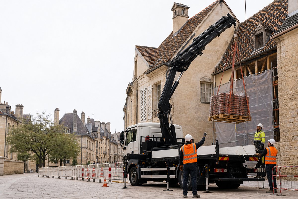 Mise en situation d’un camion-grue européen avec une équipe de levage pour charpente d'hôtel particulier, rue verrerie, dans un environnement inspiré de Dijon