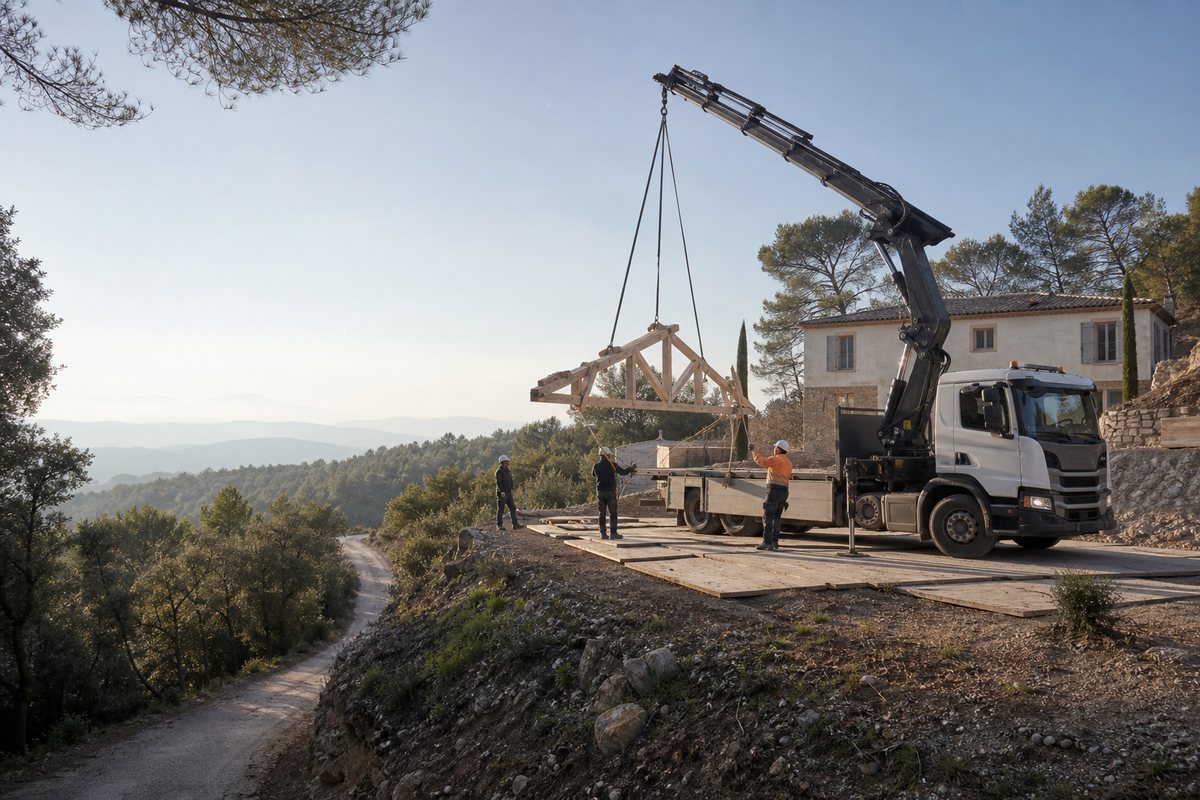 Mise en situation d’un camion-grue européen avec une équipe de levage pour villa sur les collines périphériques, dans un environnement inspiré de Draguignan