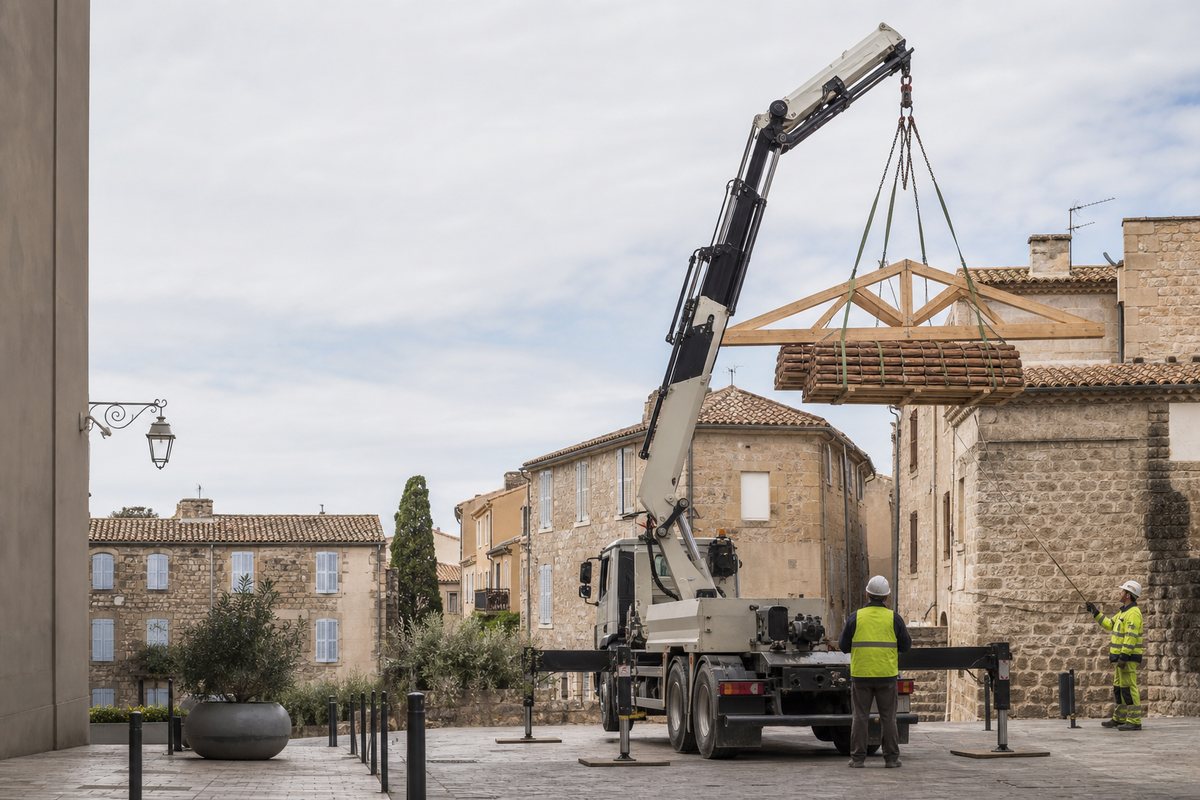 Mise en situation d’un camion-grue européen avec une équipe de levage pour charpente et tuiles en centre ancien, dans un environnement inspiré de Fréjus