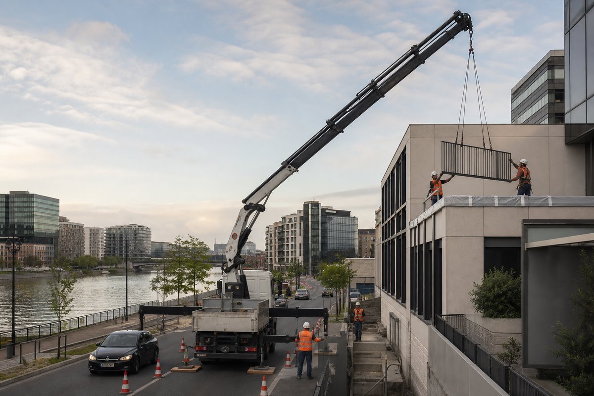 Mise en situation d’un camion-grue européen avec une équipe de levage pour pose de garde-corps sur immeuble de bureaux, val de seine, dans un environnement inspiré de Issy-les-Moulineaux
