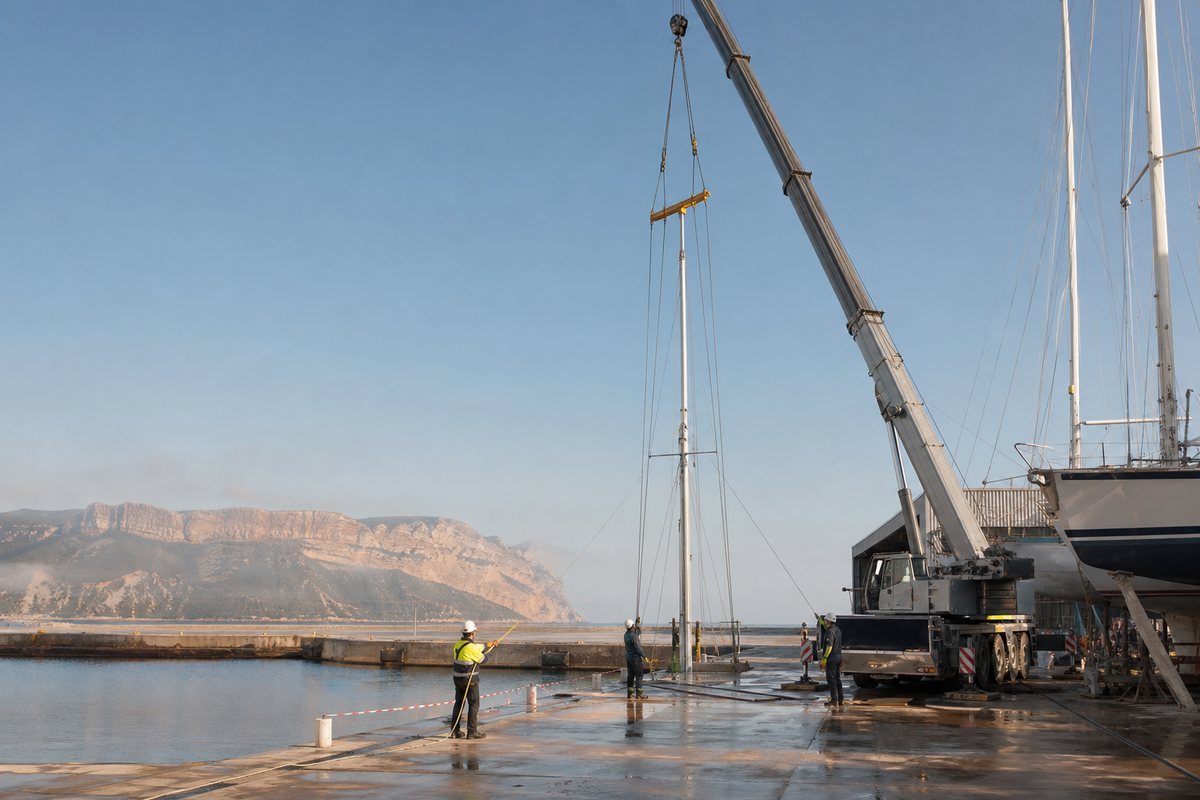 Mise en situation d’un grue mobile automotrice avec une équipe de levage pour levage de mât de voilier en bassin de radoub, dans un environnement inspiré de La Ciotat