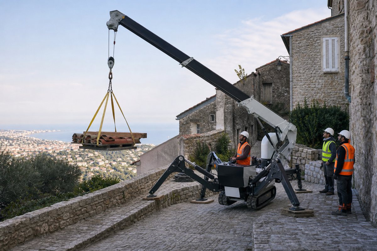 Mise en situation d’un mini-grue araignée avec une équipe de levage pour rénovation de toiture dans le vieux cannet, dans un environnement inspiré de Le Cannet