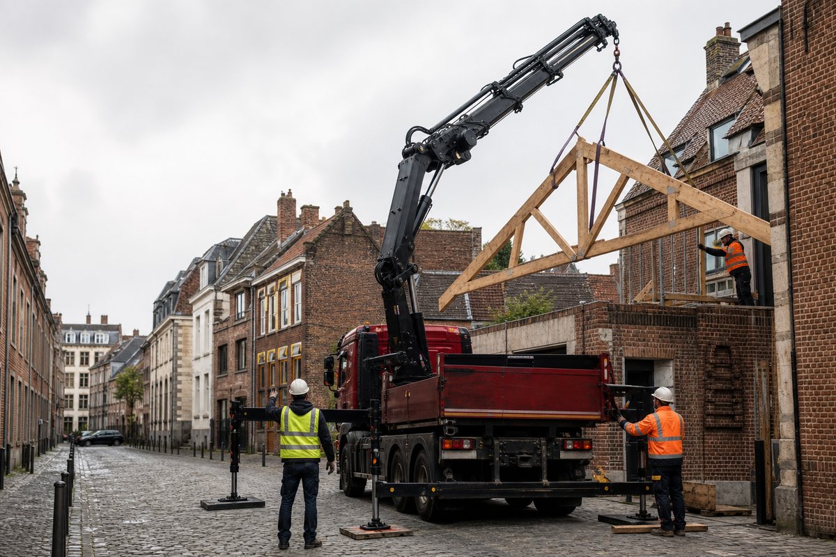 Mise en situation d’un camion-grue européen avec une équipe de levage pour charpente de rénovation, vieux-lille, dans un environnement inspiré de Lille