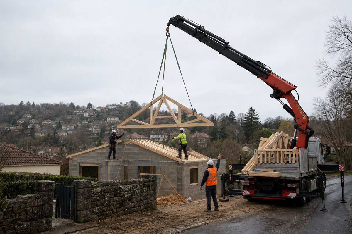 Mise en situation d’un camion-grue européen avec une équipe de levage pour pose de fermettes sur pavillon à landouge, dans un environnement inspiré de Limoges