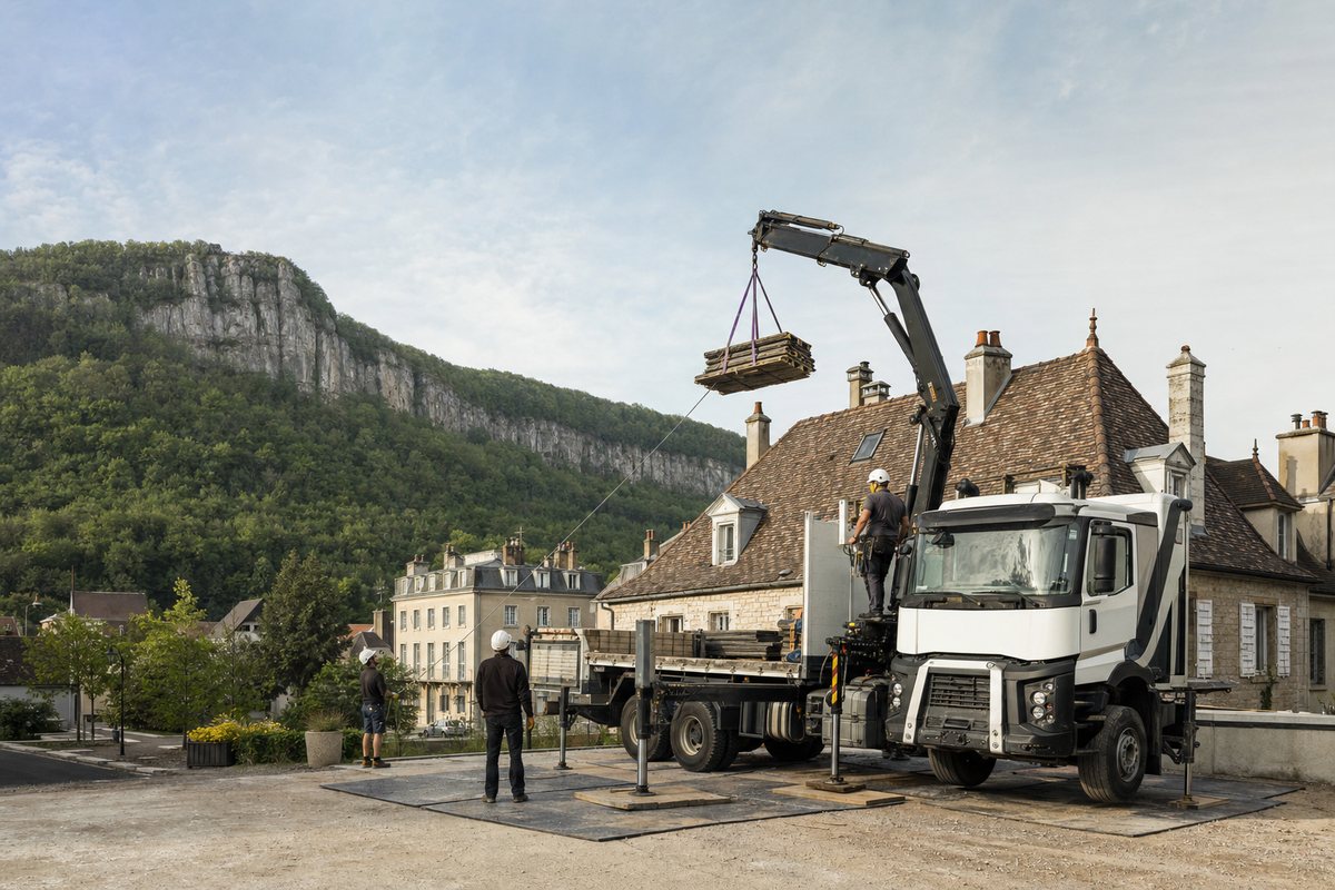 Mise en situation d’un camion-grue européen avec une équipe de levage pour charpente d'un pavillon, revermont, dans un environnement inspiré de Lons-le-Saunier