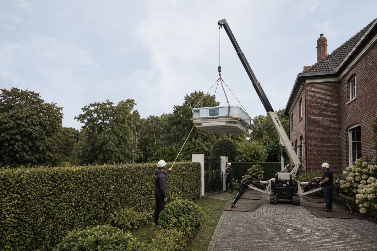 Mise en situation d’un mini-grue araignée avec une équipe de levage pour piscine enterrée dans une propriété du bois, dans un environnement inspiré de Marcq-en-Barœul