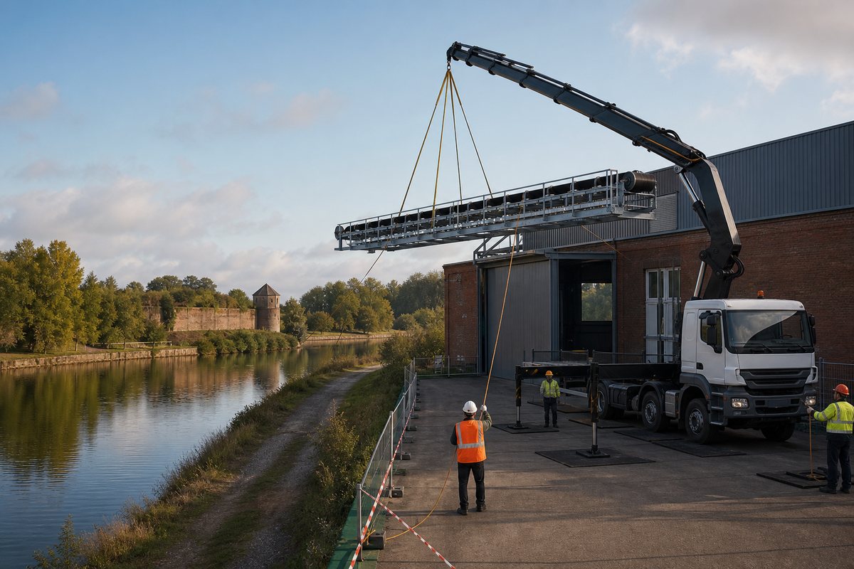 Mise en situation d’un camion-grue européen avec une équipe de levage pour rénovation toiture aux abords des remparts, dans un environnement inspiré de Maubeuge