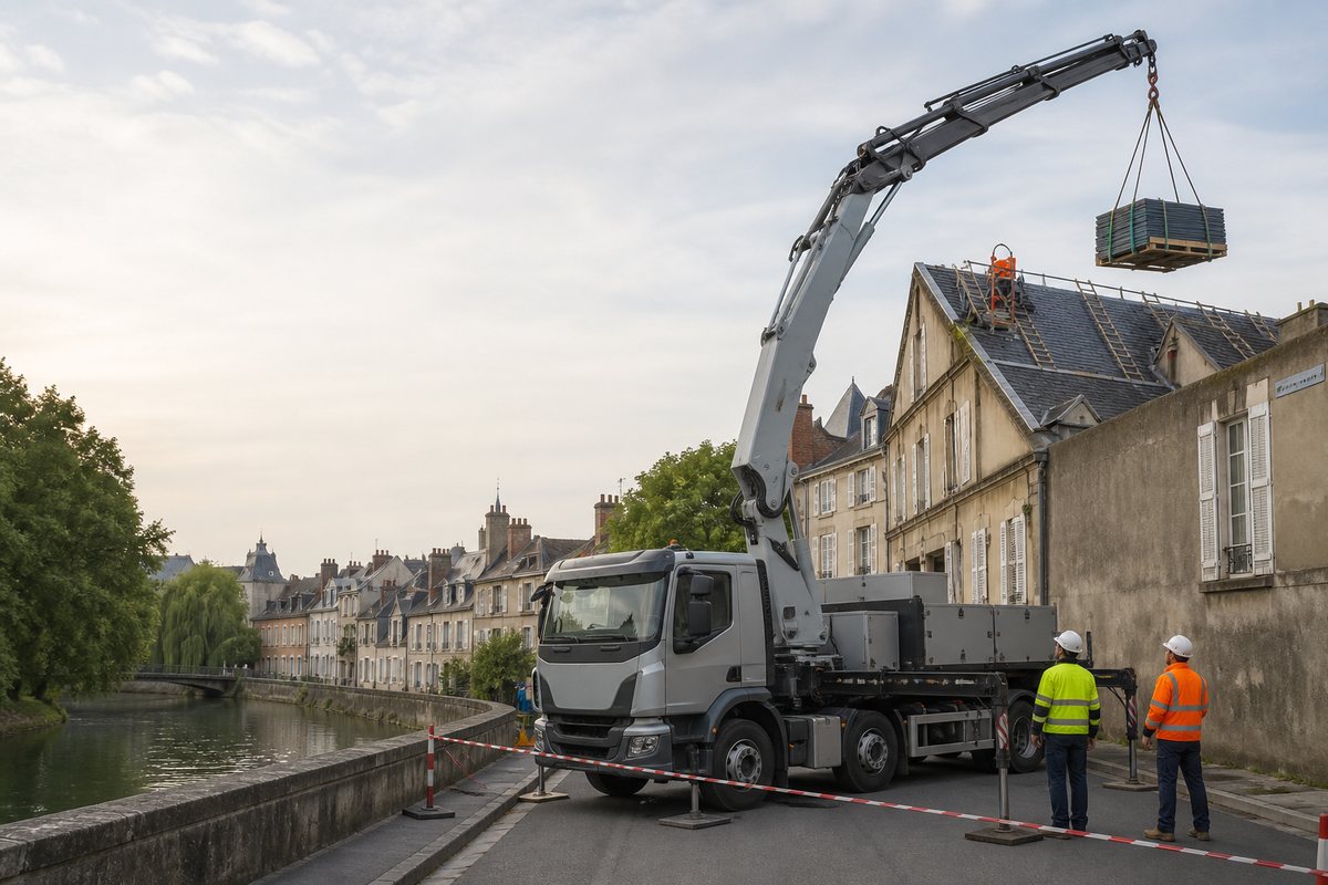 Mise en situation d’un camion-grue européen avec une équipe de levage pour restauration de couverture en cité épiscopale, dans un environnement inspiré de Meaux