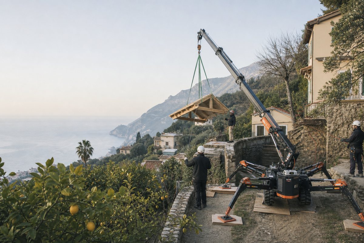 Mise en situation d’un mini-grue araignée avec une équipe de levage pour toiture de villa en restanque, dans un environnement inspiré de Menton