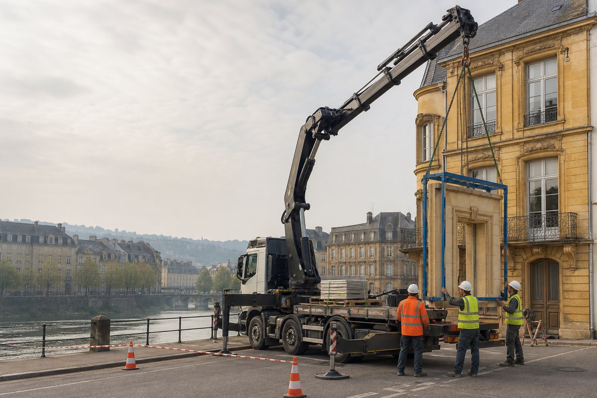Mise en situation d’un camion-grue européen avec une équipe de levage pour remplacement de pierres de taille, quartier impérial, dans un environnement inspiré de Metz