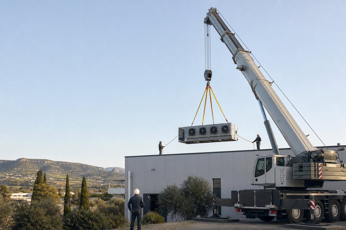 Mise en situation d’un grue mobile automotrice avec une équipe de levage pour charpente métallique zone industrielle nord, dans un environnement inspiré de Montélimar