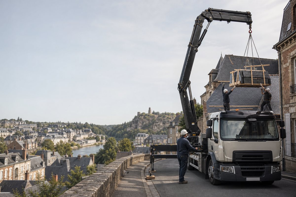 Mise en situation d’un camion-grue européen avec une équipe de levage pour charpente d'un pavillon, faubourg industriel, dans un environnement inspiré de Montluçon