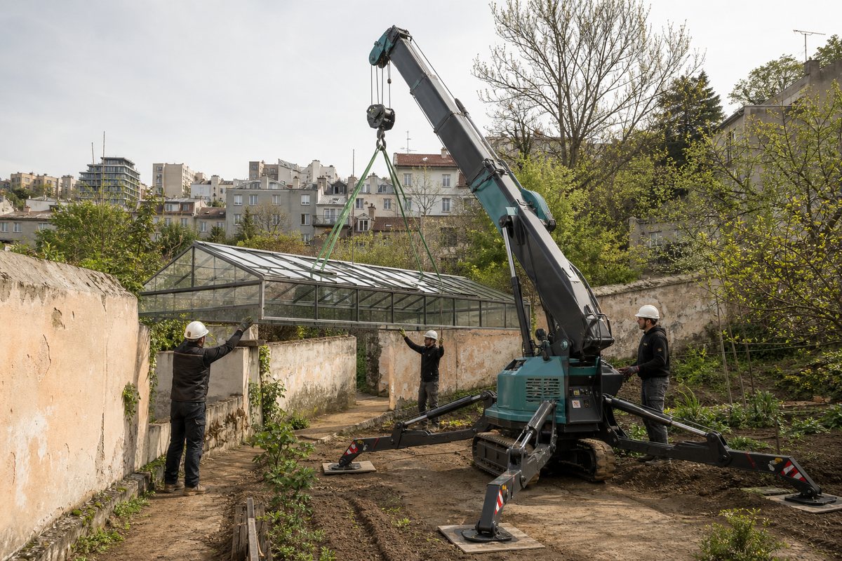 Mise en situation d’un mini-grue araignée avec une équipe de levage pour pose de serre dans le secteur des murs à pêches, dans un environnement inspiré de Montreuil