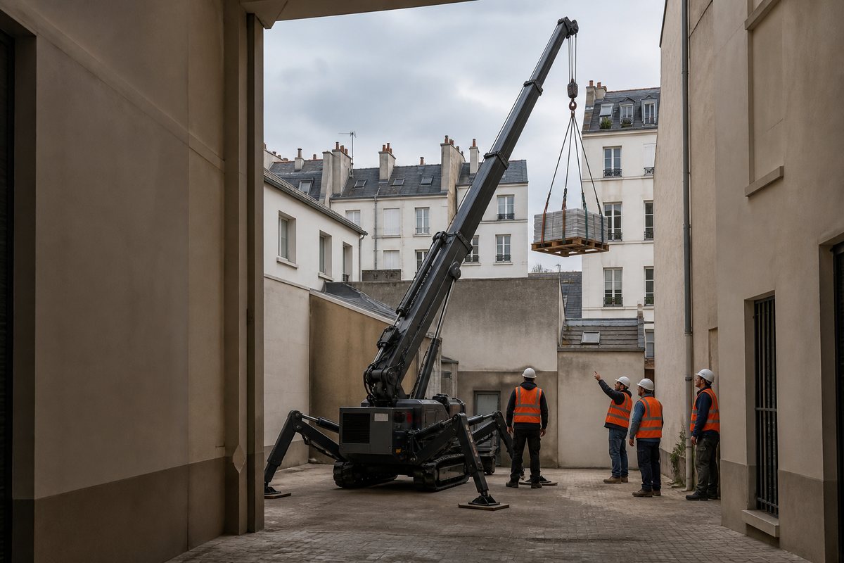 Mise en situation d’un mini-grue araignée avec une équipe de levage pour rénovation de toiture en cœur d'îlot, dans un environnement inspiré de Montrouge