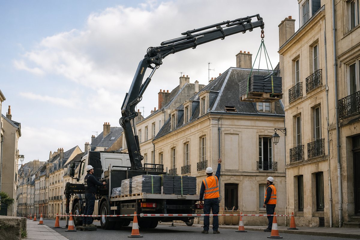 Mise en situation d’un camion-grue européen avec une équipe de levage pour réfection de couverture rue des maréchaux, dans un environnement inspiré de Nancy