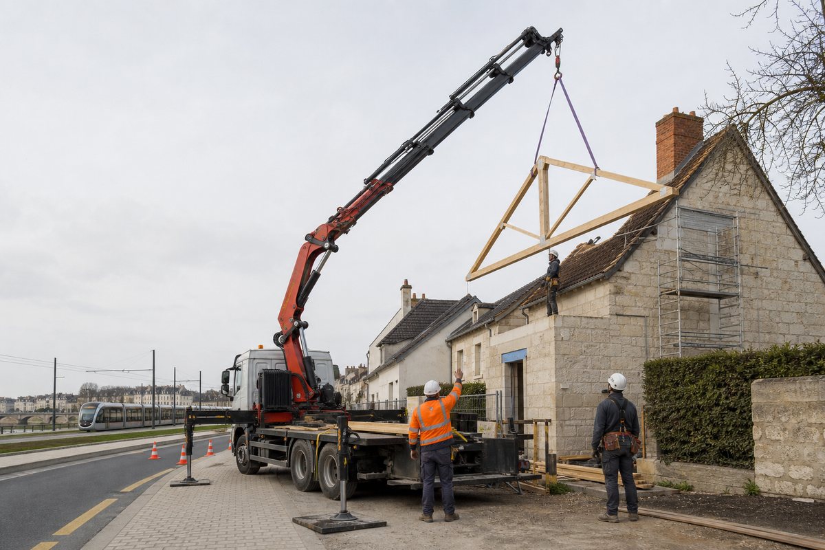 Mise en situation d’un camion-grue européen avec une équipe de levage pour pose de charpente sur maison de bourg à saint-marceau, dans un environnement inspiré de Orléans