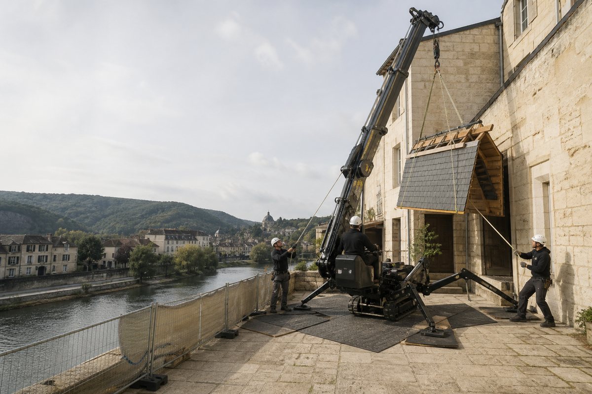 Mise en situation d’un mini-grue araignée avec une équipe de levage pour restauration d'une toiture, secteur sauvegardé, dans un environnement inspiré de Périgueux