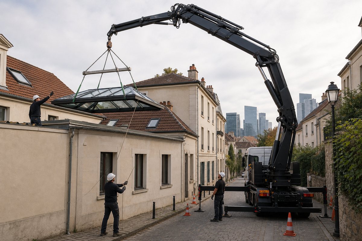 Mise en situation d’un camion-grue européen avec une équipe de levage pour pose de verrière en cour intérieure, centre ancien, dans un environnement inspiré de Rueil-Malmaison