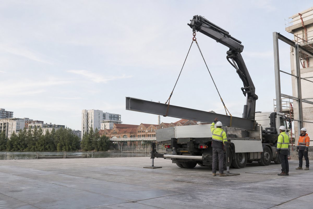 Mise en situation d’un camion-grue européen avec une équipe de levage pour levage de structure sur les docks, dans un environnement inspiré de Saint-Ouen-sur-Seine