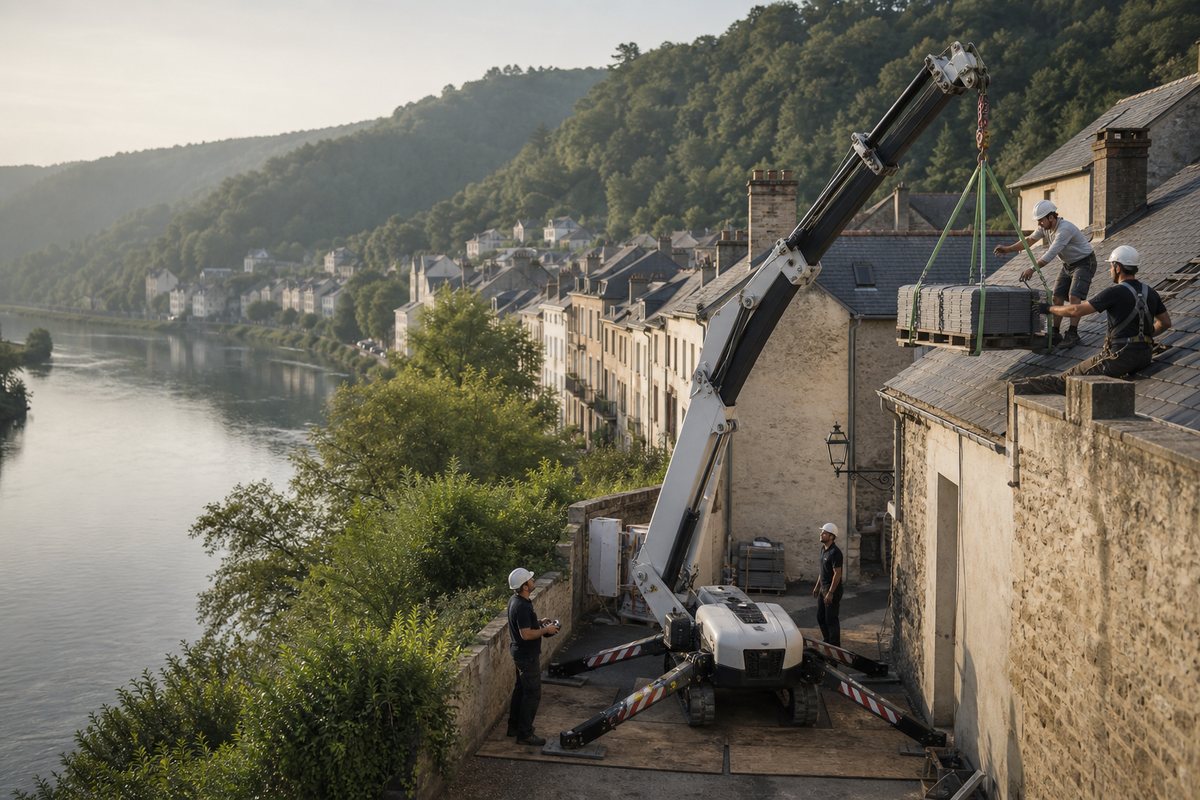 Mise en situation d’un mini-grue araignée avec une équipe de levage pour réfection de toiture, quartier de la cathédrale, dans un environnement inspiré de Tulle