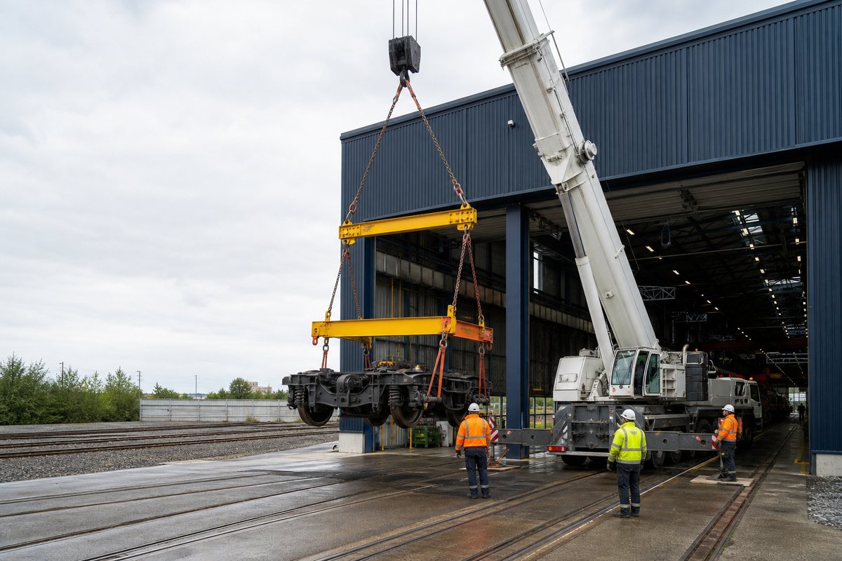 Mise en situation d’un grue mobile automotrice avec une équipe de levage pour levage de composant ferroviaire, dans un environnement inspiré de Valenciennes