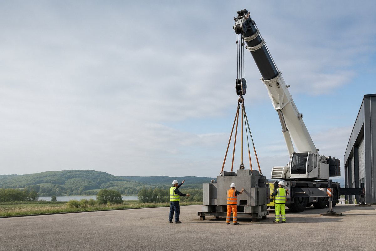 Mise en situation d’un grue mobile automotrice avec une équipe de levage pour maintenance d'un équipement logistique, plateforme stellantis, dans un environnement inspiré de Vesoul