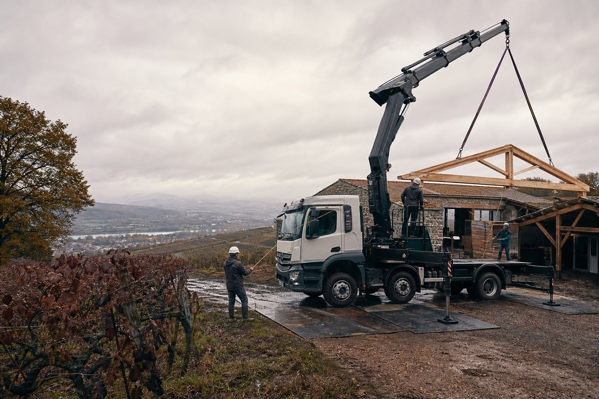Mise en situation d’un camion-grue européen avec une équipe de levage pour charpente de cuvage en coteau viticole, dans un environnement inspiré de Villefranche-sur-Saône