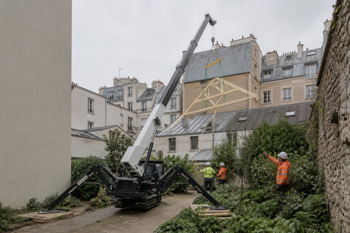Mise en situation d’un mini-grue araignée avec une équipe de levage pour rénovation de toiture en cœur d'îlot, dans un environnement inspiré de Vincennes