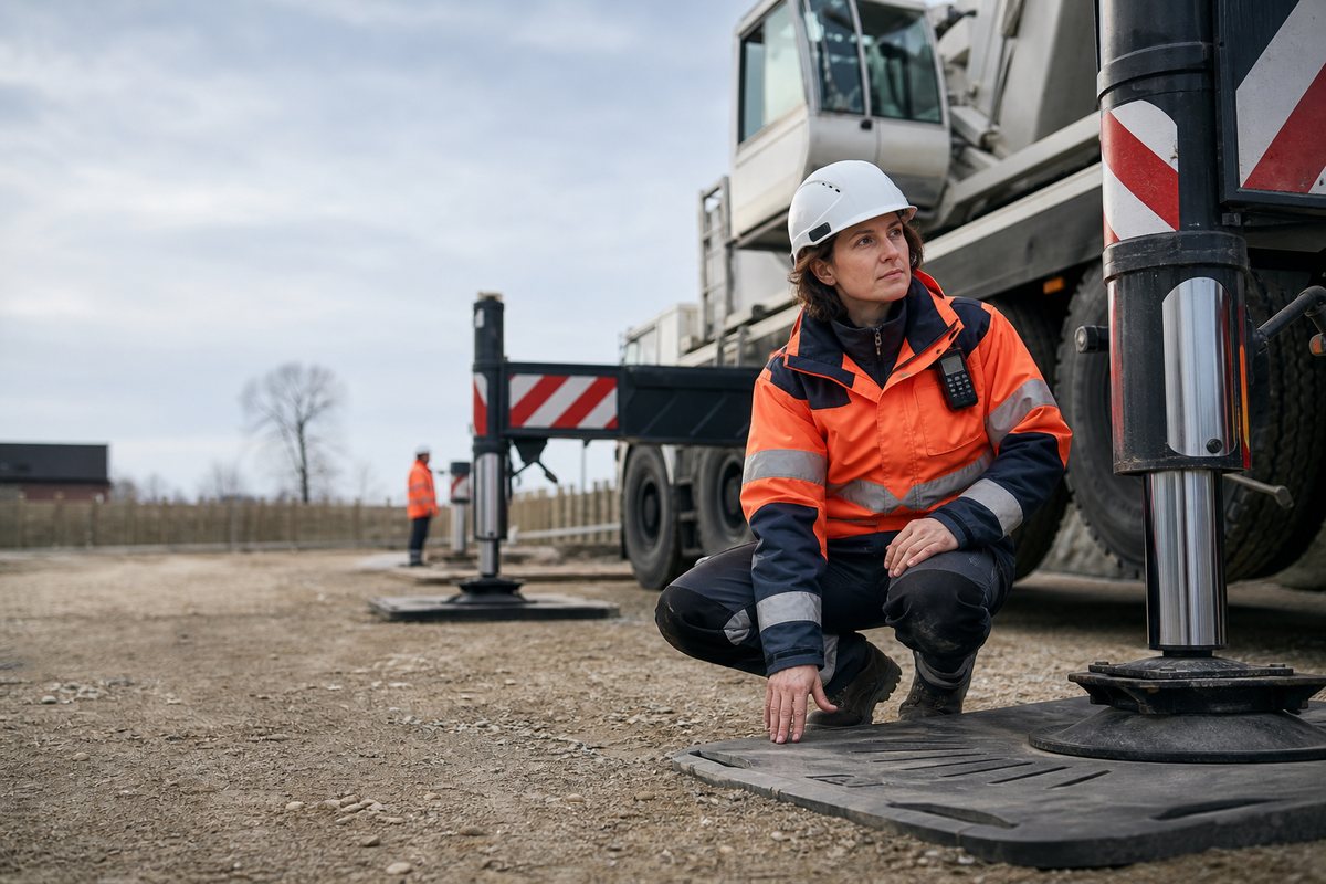 Grutière contrôlant sa zone de levage devant une grue mobile