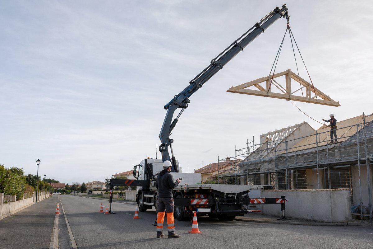 Camion-grue levant une ferme de charpente au-dessus d’une maison